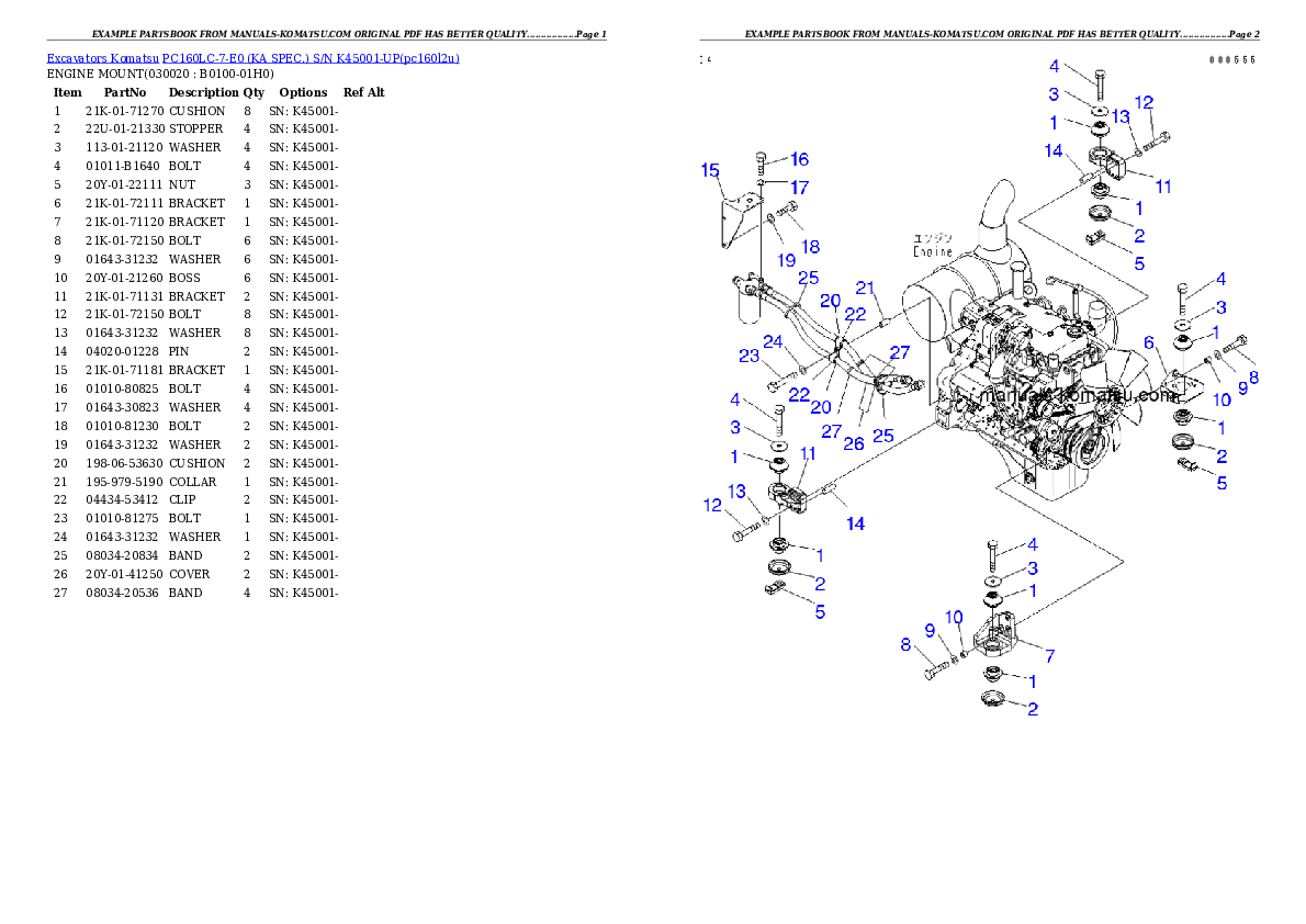 PC160LC-7-E0 (KA SPEC.) S/N K45001-UP Partsbook