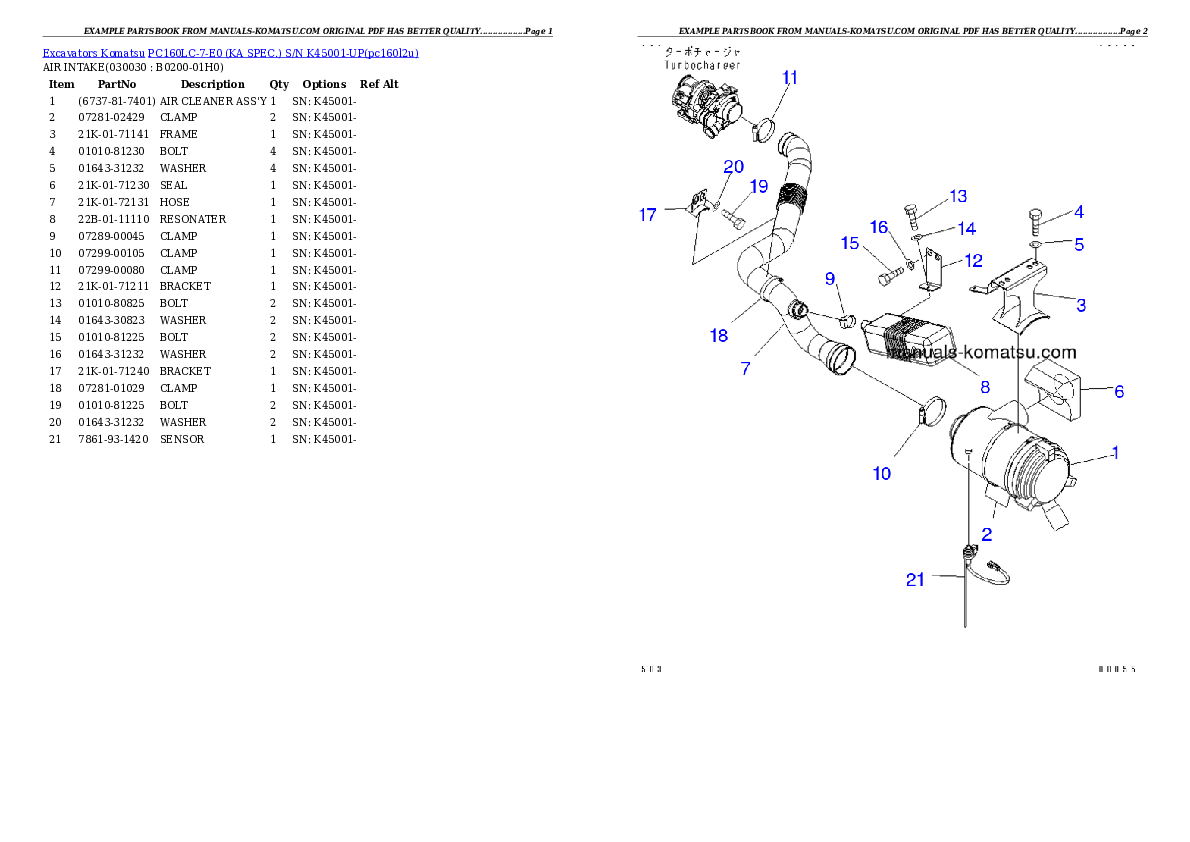 PC160LC-7-E0 (KA SPEC.) S/N K45001-UP Partsbook