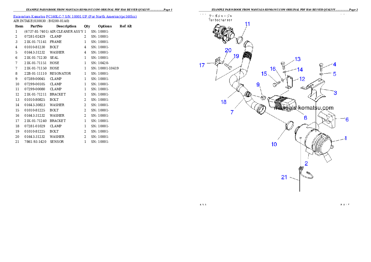 PC160LC-7 S/N 10001-UP (For North America) Partsbook