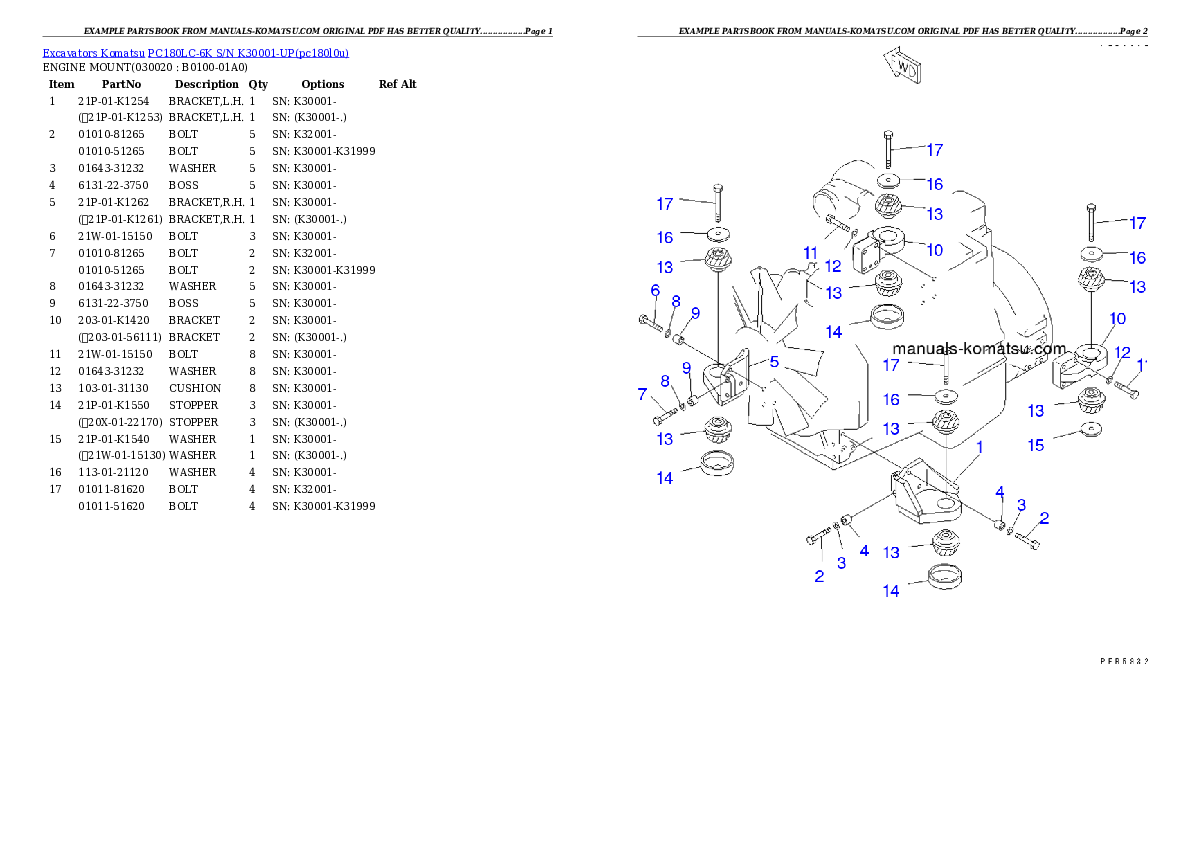 PC180LC-6K S/N K30001-UP Partsbook