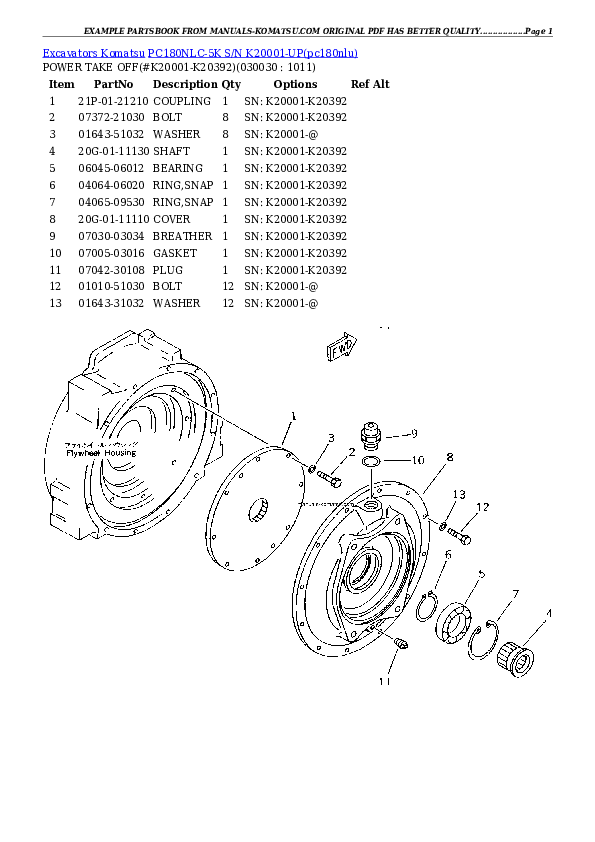 PC180NLC-5K S/N K20001-UP Partsbook