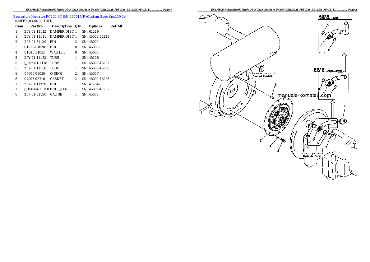PC200-5C S/N 45001-UP (Custom Spec.) Partsbook