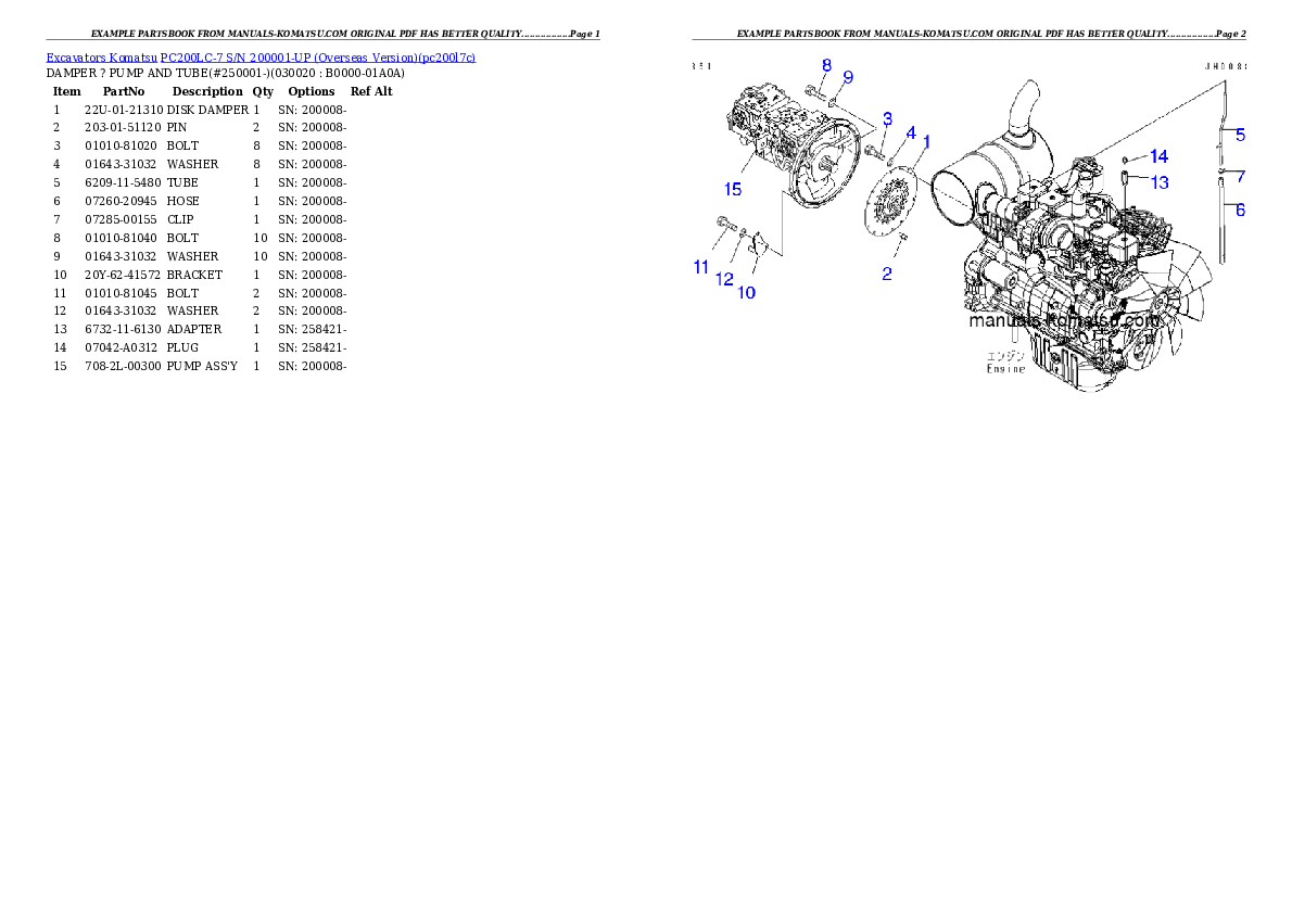 PC200LC-7 S/N 200001-UP (Overseas Version) Partsbook