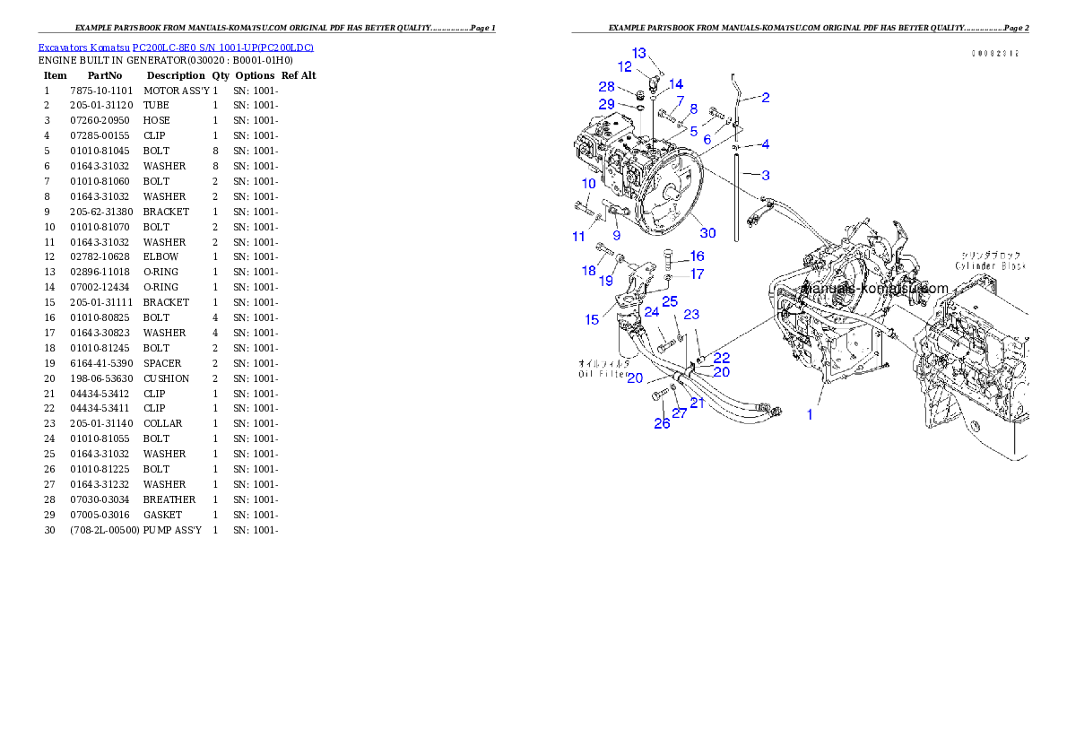 PC200LC-8E0 S/N 1001-UP Partsbook