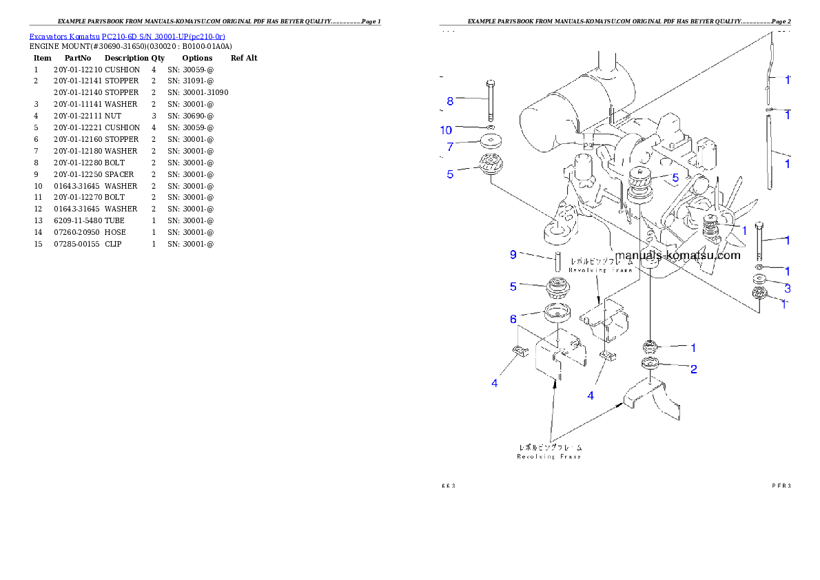 PC210-6D S/N 30001-UP Partsbook