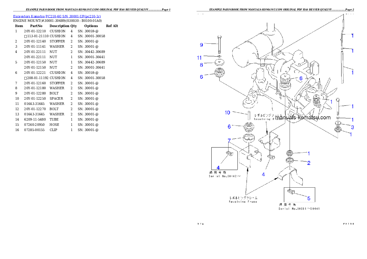 PC210-6G S/N 30001-UP Partsbook