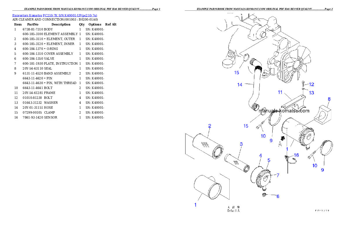 PC210-7K S/N K40001-UP Partsbook