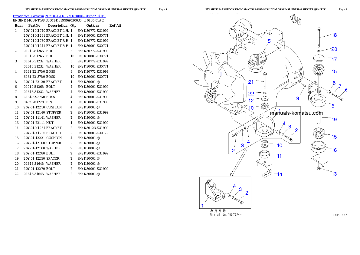 PC210LC-6K S/N K30001-UP Partsbook