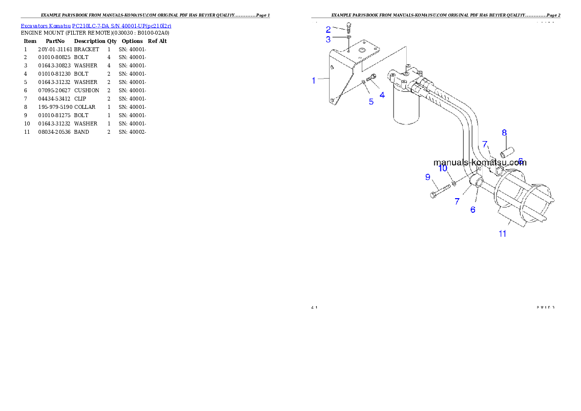 PC210LC-7-DA S/N 40001-UP Partsbook