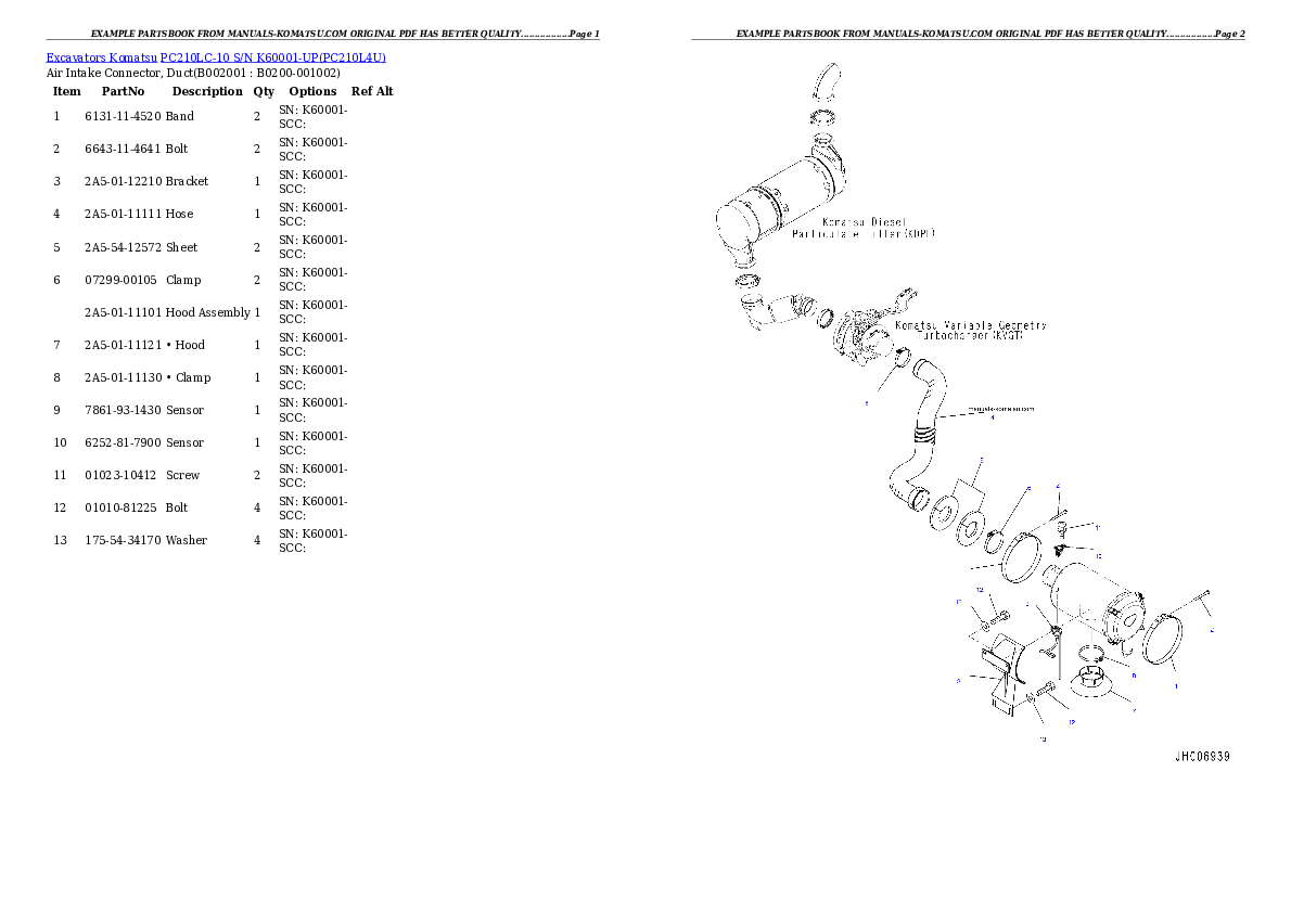 PC210LC-10 S/N K60001-UP Partsbook