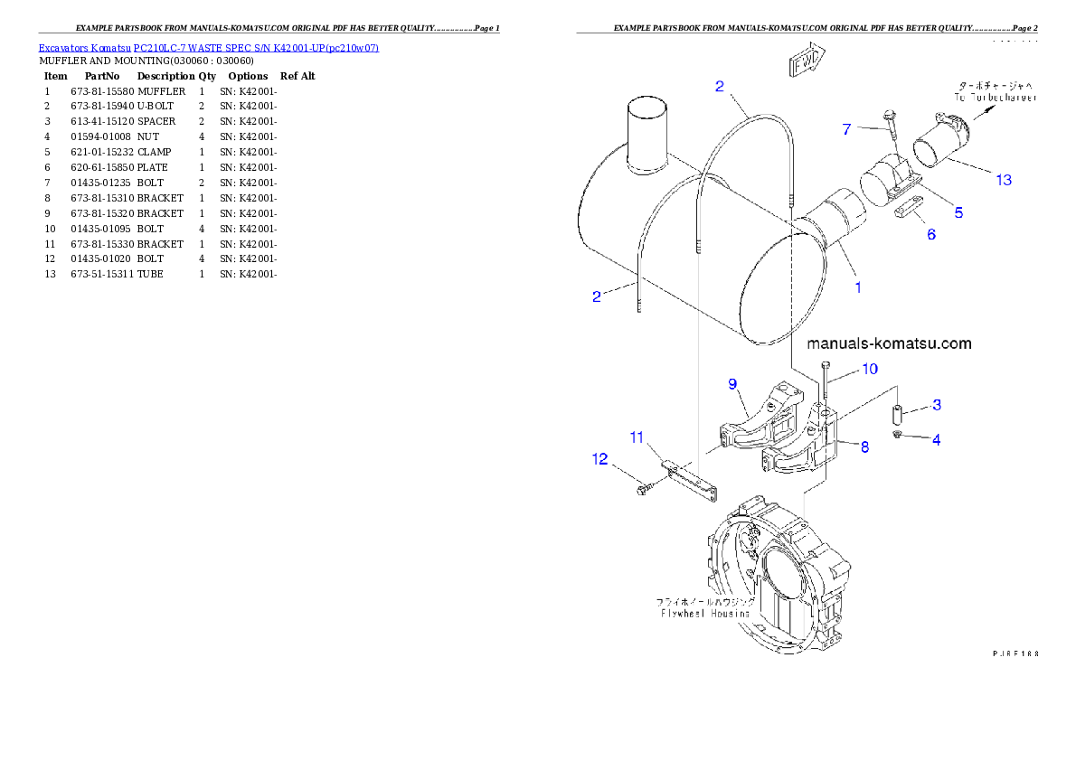 PC210LC-7 WASTE SPEC S/N K42001-UP Partsbook