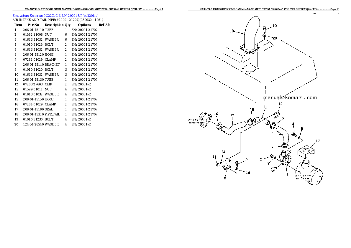 PC220LC-3 S/N 20001-UP Partsbook