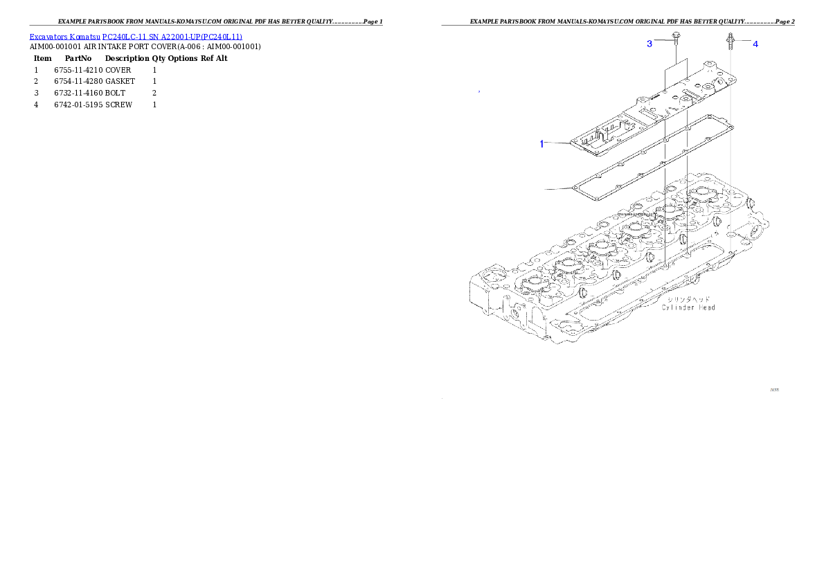 PC240LC-11 SN A22001-UP Partsbook