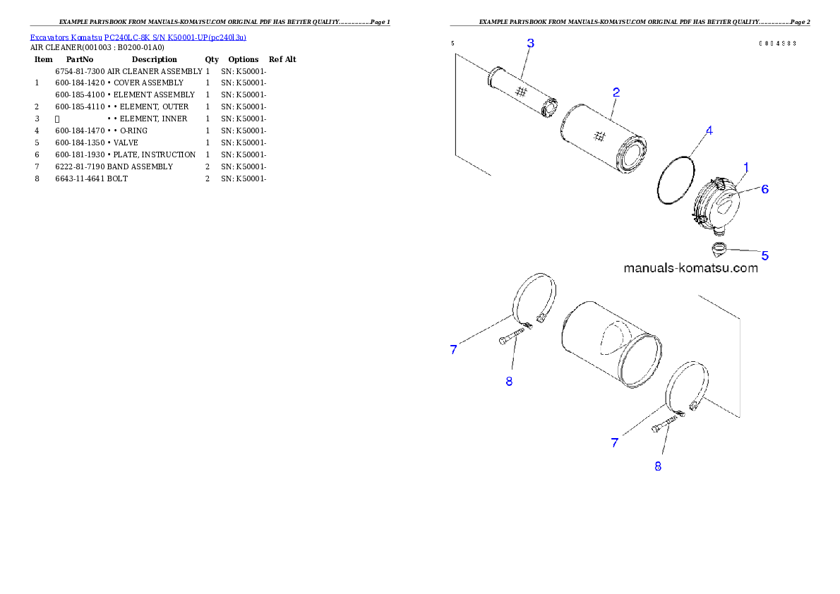 PC240LC-8K S/N K50001-UP Partsbook