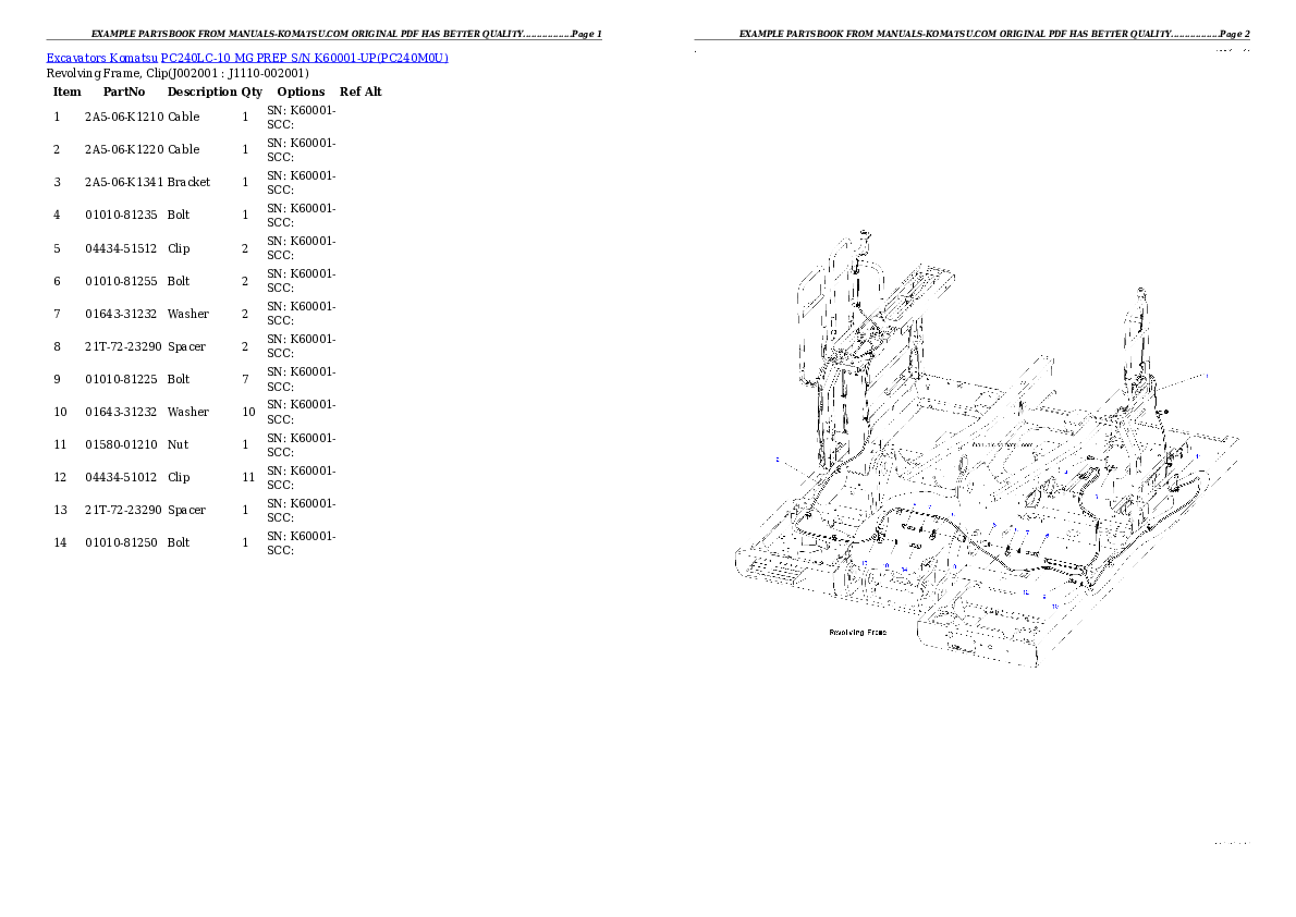 PC240LC-10 MG PREP S/N K60001-UP Partsbook