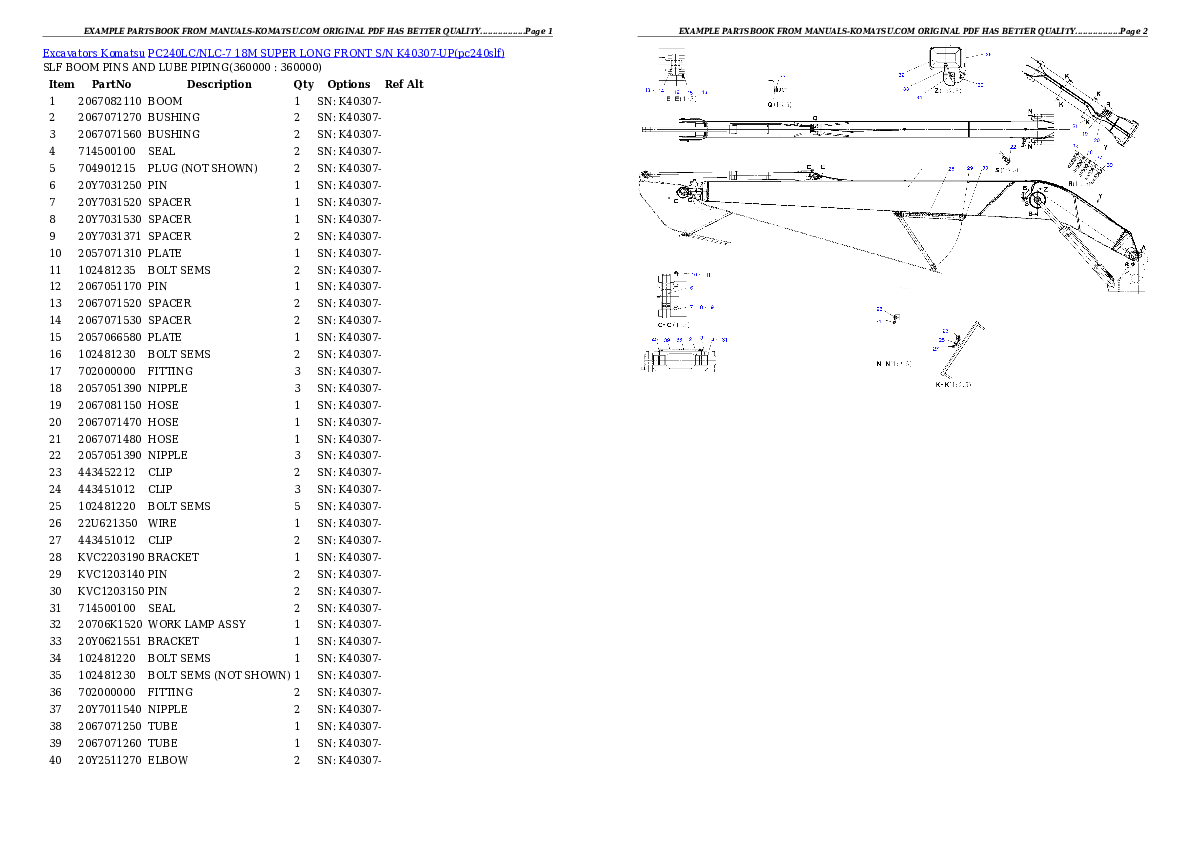 PC240LC/NLC-7 18M SUPER LONG FRONT S/N K40307-UP Partsbook