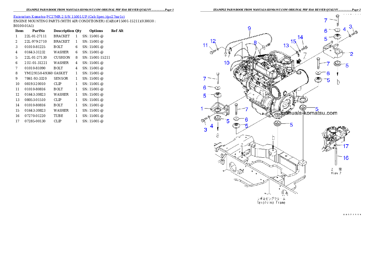 PC27MR-2 S/N 15001-UP (Cab Spec.) Partsbook