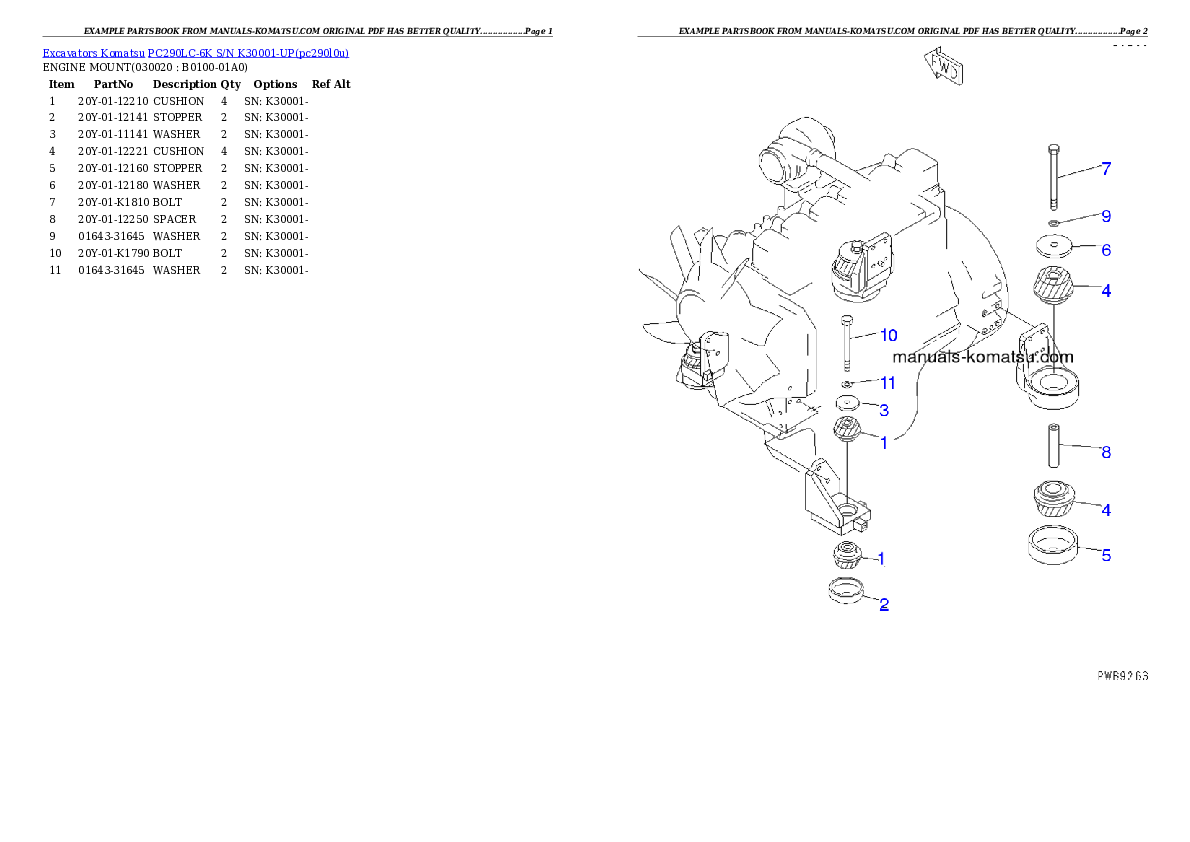 PC290LC-6K S/N K30001-UP Partsbook