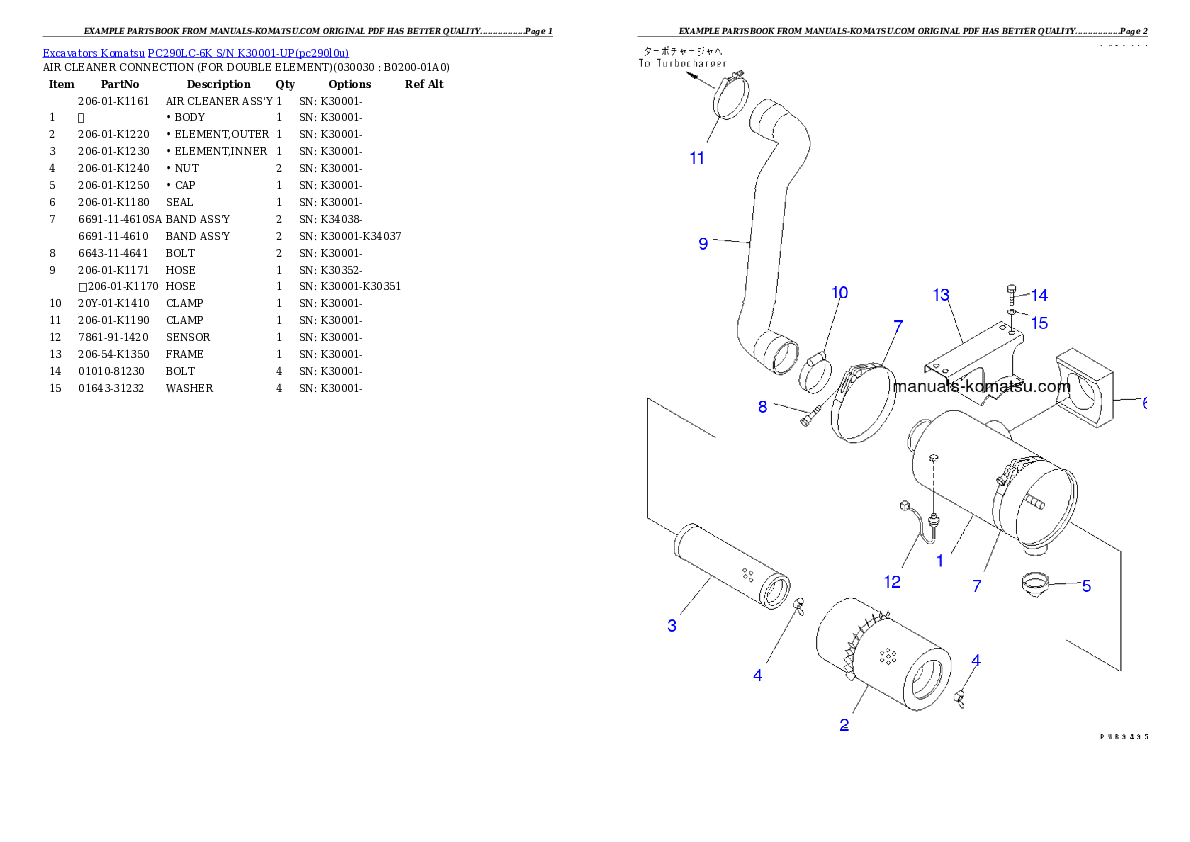 PC290LC-6K S/N K30001-UP Partsbook