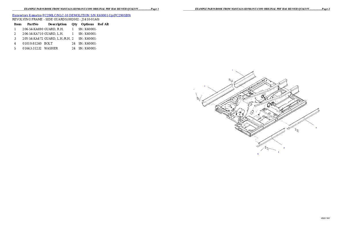 PC290LC/NLC-10 DEMOLITION S/N K60001-Up Partsbook