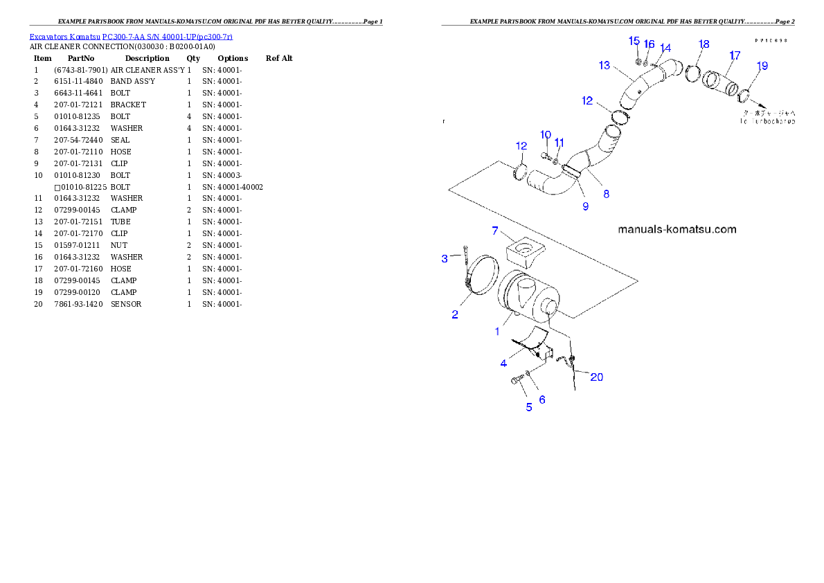 PC300-7-AA S/N 40001-UP Partsbook