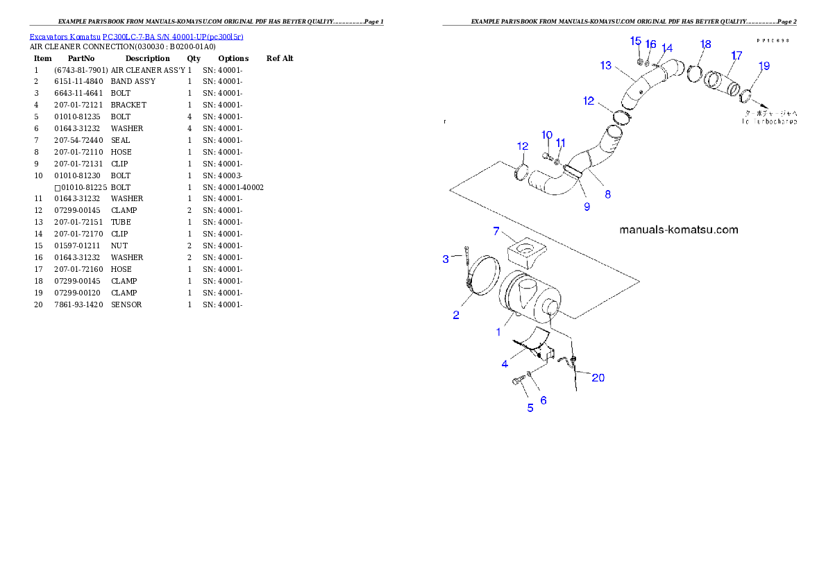 PC300LC-7-BA S/N 40001-UP Partsbook