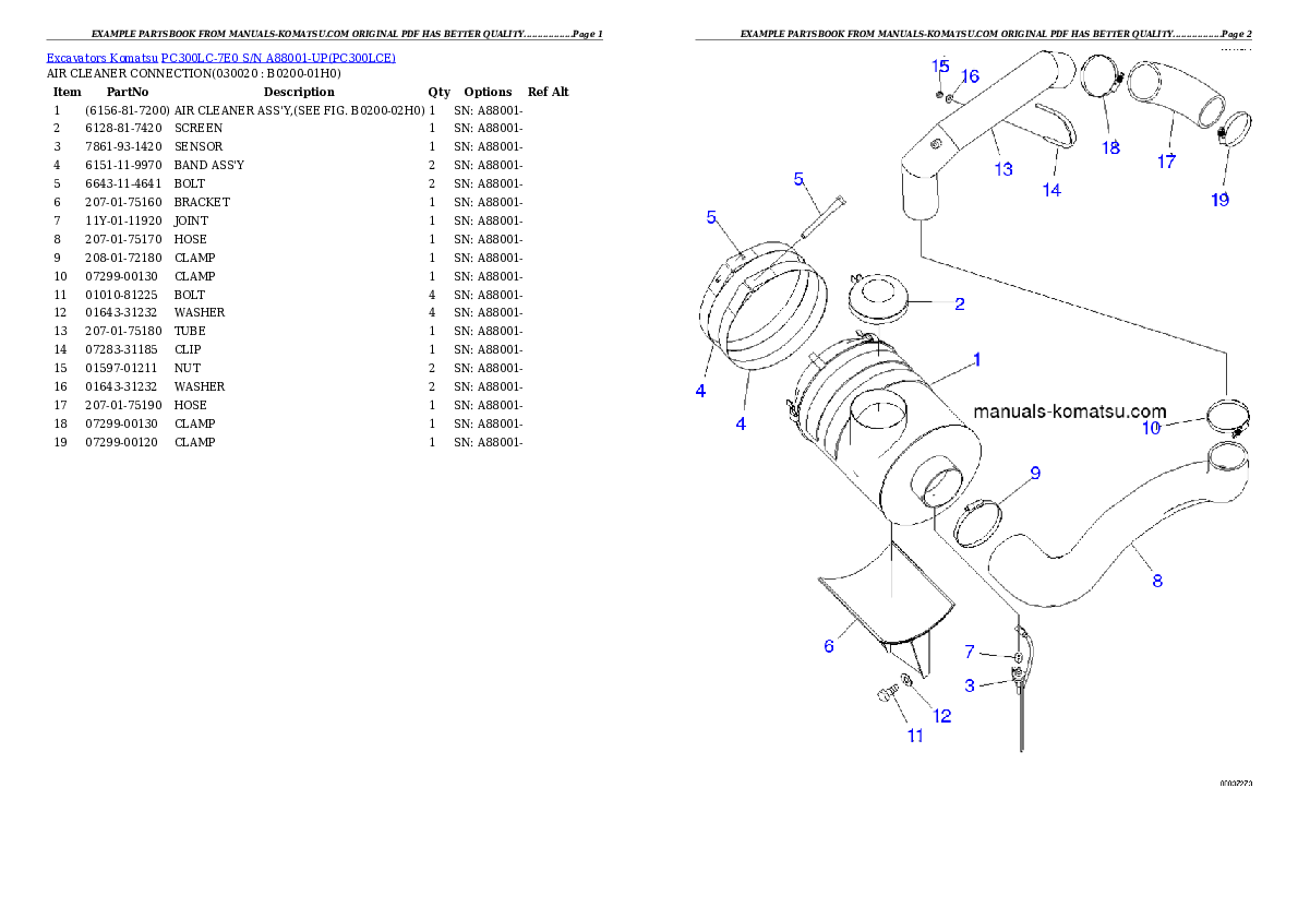 PC300LC-7E0 S/N A88001-UP Partsbook