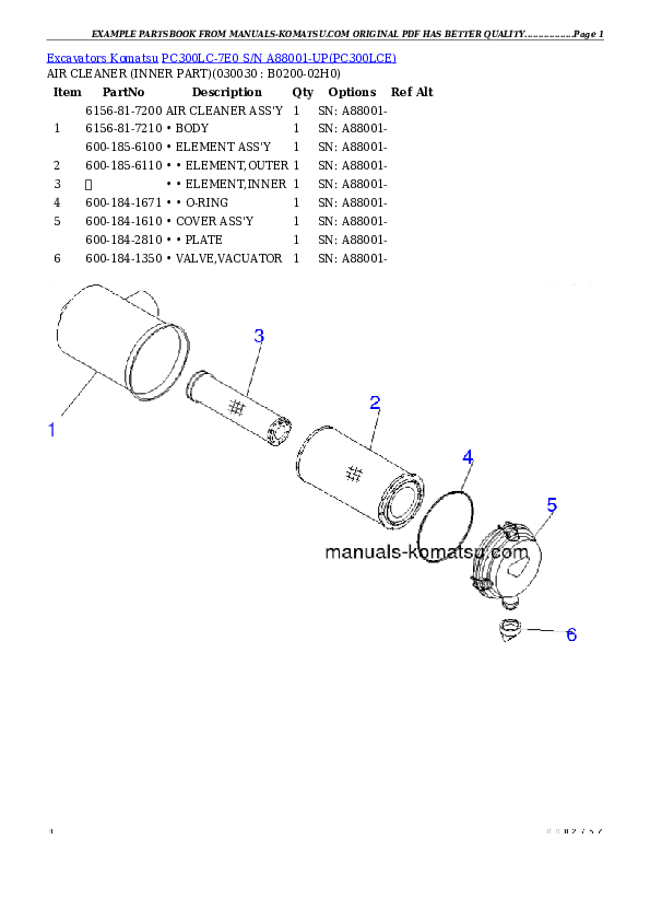 PC300LC-7E0 S/N A88001-UP Partsbook