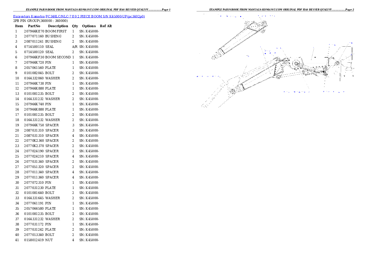 PC340LC/NLC-7 E0 2 PIECE BOOM  S/N K45000-UP Partsbook