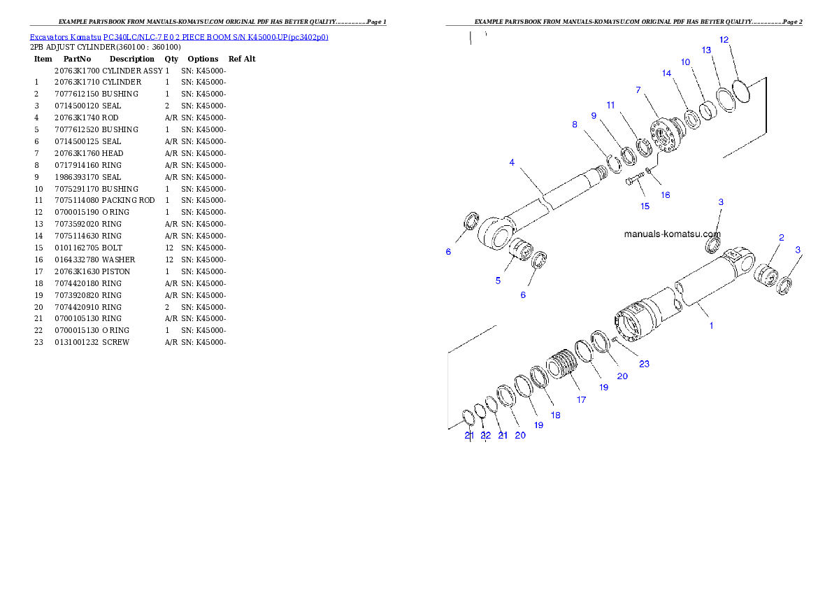 PC340LC/NLC-7 E0 2 PIECE BOOM  S/N K45000-UP Partsbook