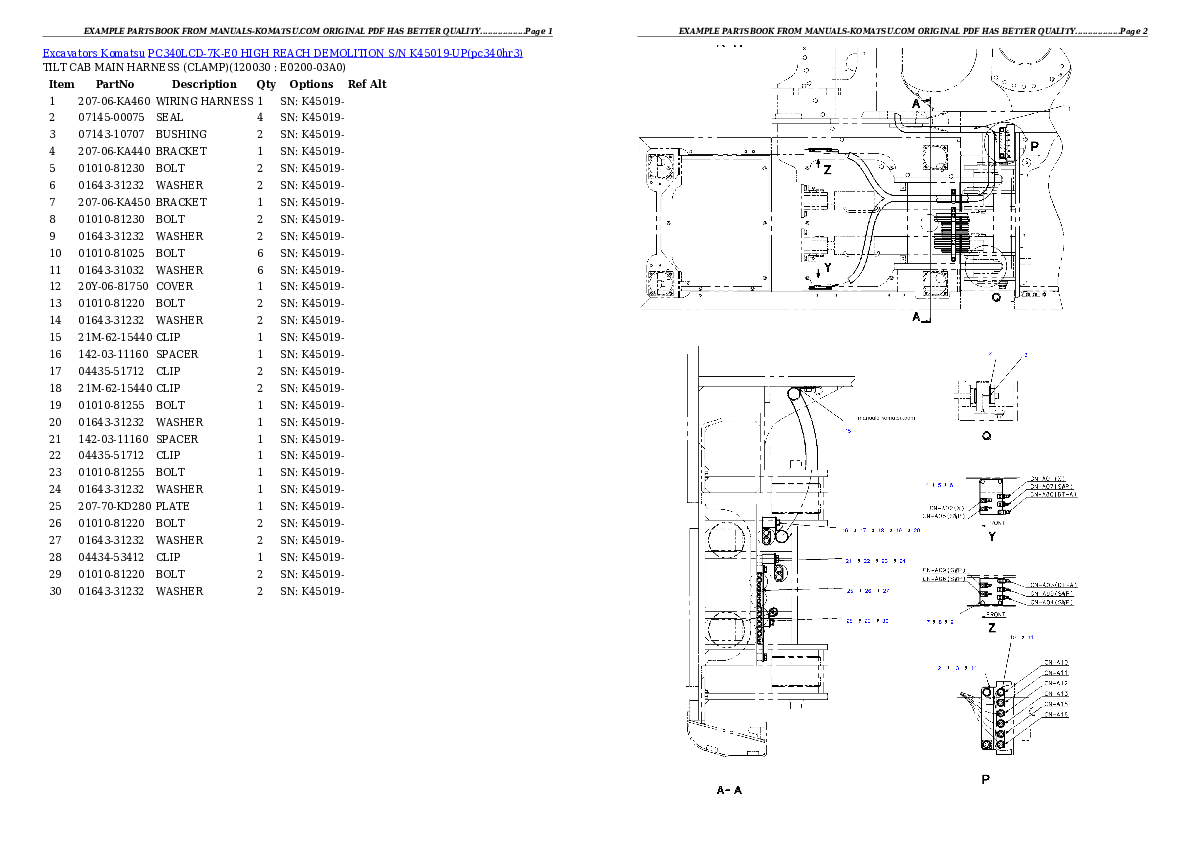 PC340LCD-7K-E0 HIGH REACH DEMOLITION S/N K45019-UP Partsbook