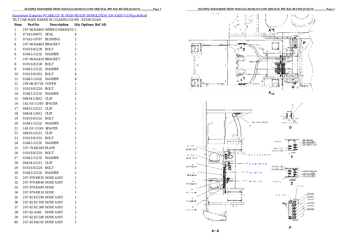 PC340LCD-7K HIGH REACH DEMOLITION S/N K40575-UP Partsbook