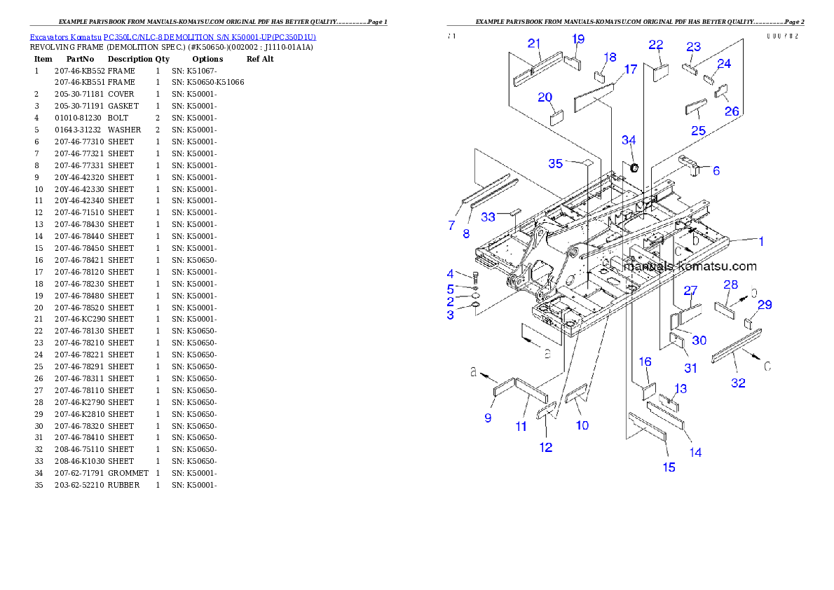 PC350LC/NLC-8 DEMOLITION S/N K50001-UP Partsbook