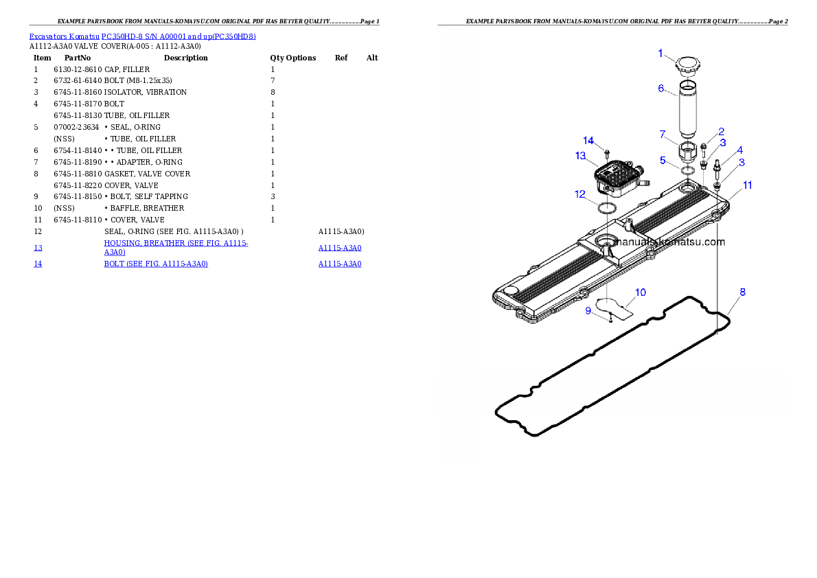 PC350HD-8 S/N A00001 and up Partsbook