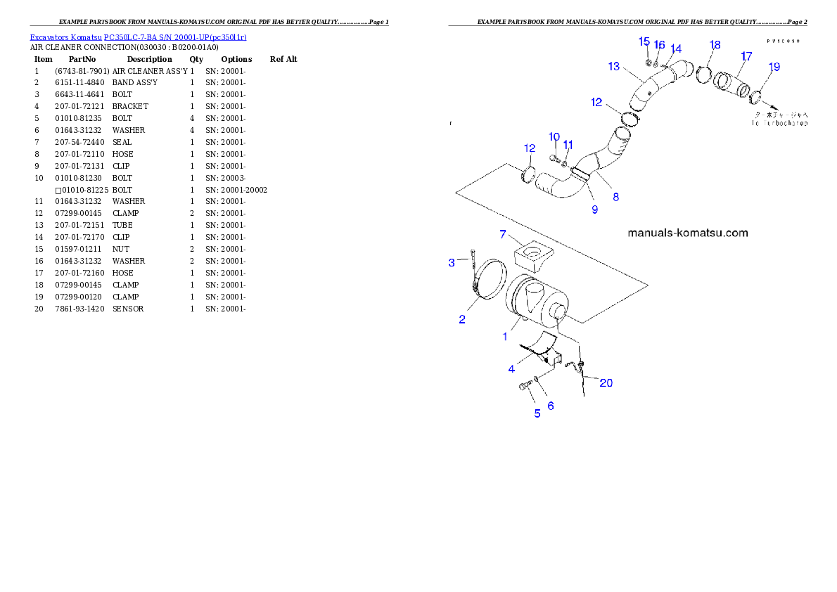 PC350LC-7-BA S/N 20001-UP Partsbook