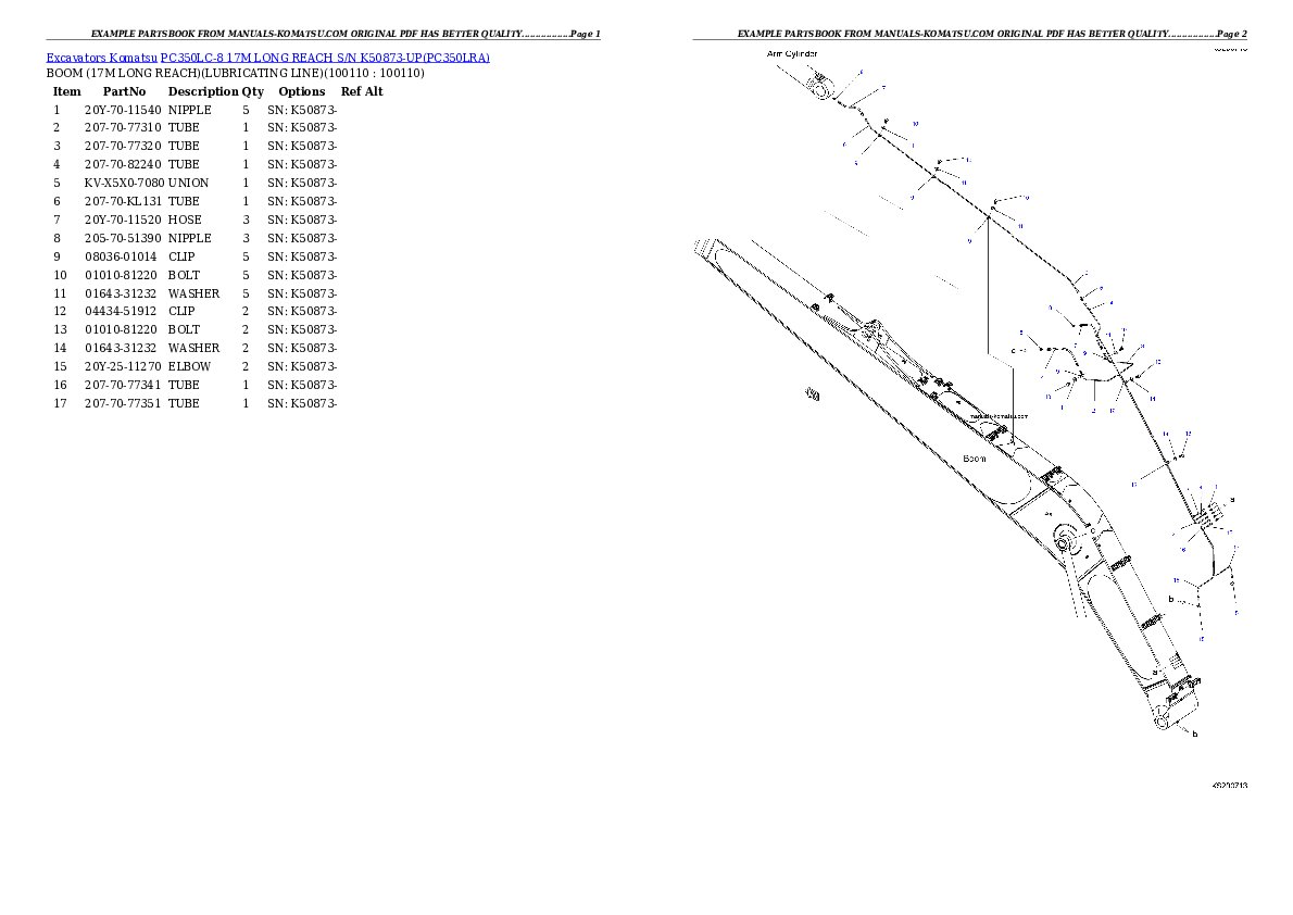 PC350LC-8 17M LONG REACH S/N K50873-UP Partsbook