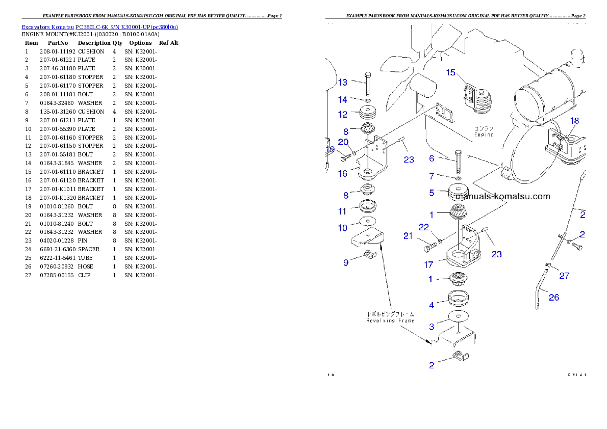 PC380LC-6K S/N K30001-UP Partsbook