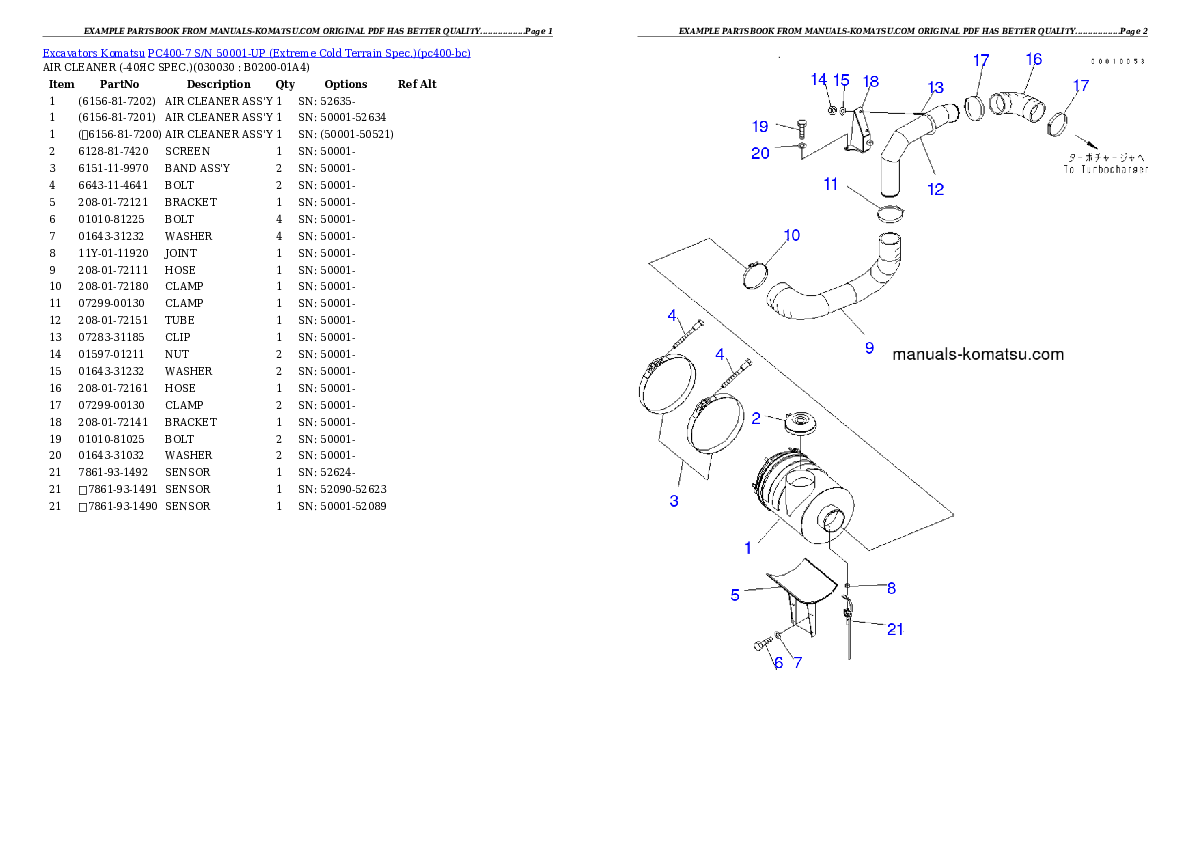 PC400-7 S/N 50001-UP (Extreme Cold Terrain Spec.) Partsbook