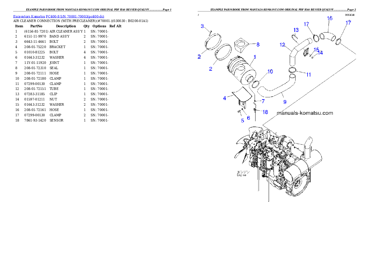 PC400-8 S/N 70001-70003 Partsbook