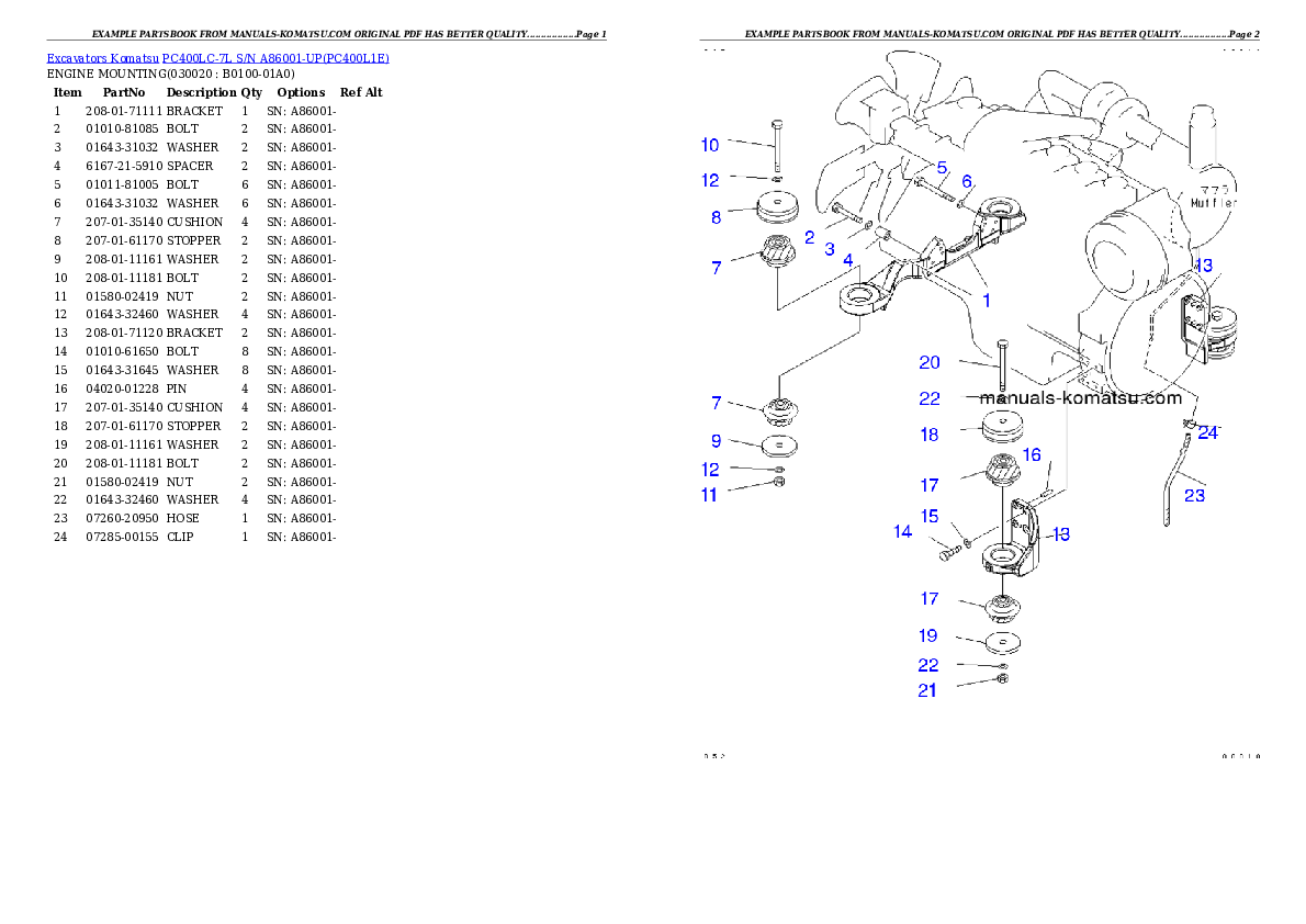 PC400LC-7L S/N A86001-UP Partsbook