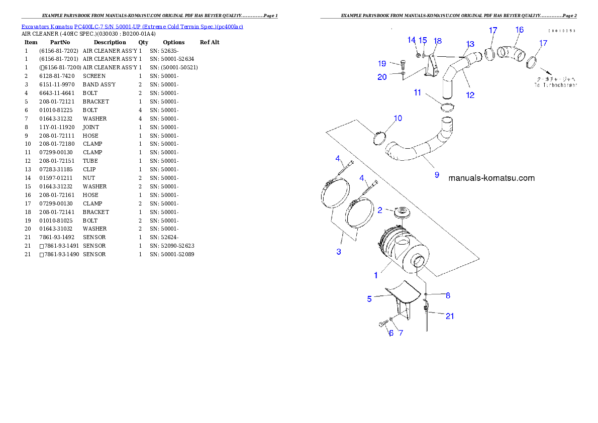 PC400LC-7 S/N 50001-UP (Extreme Cold Terrain Spec.) Partsbook