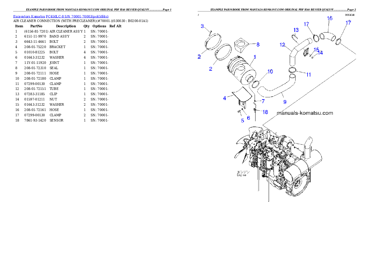 PC450LC-8 S/N 70001-70003 Partsbook