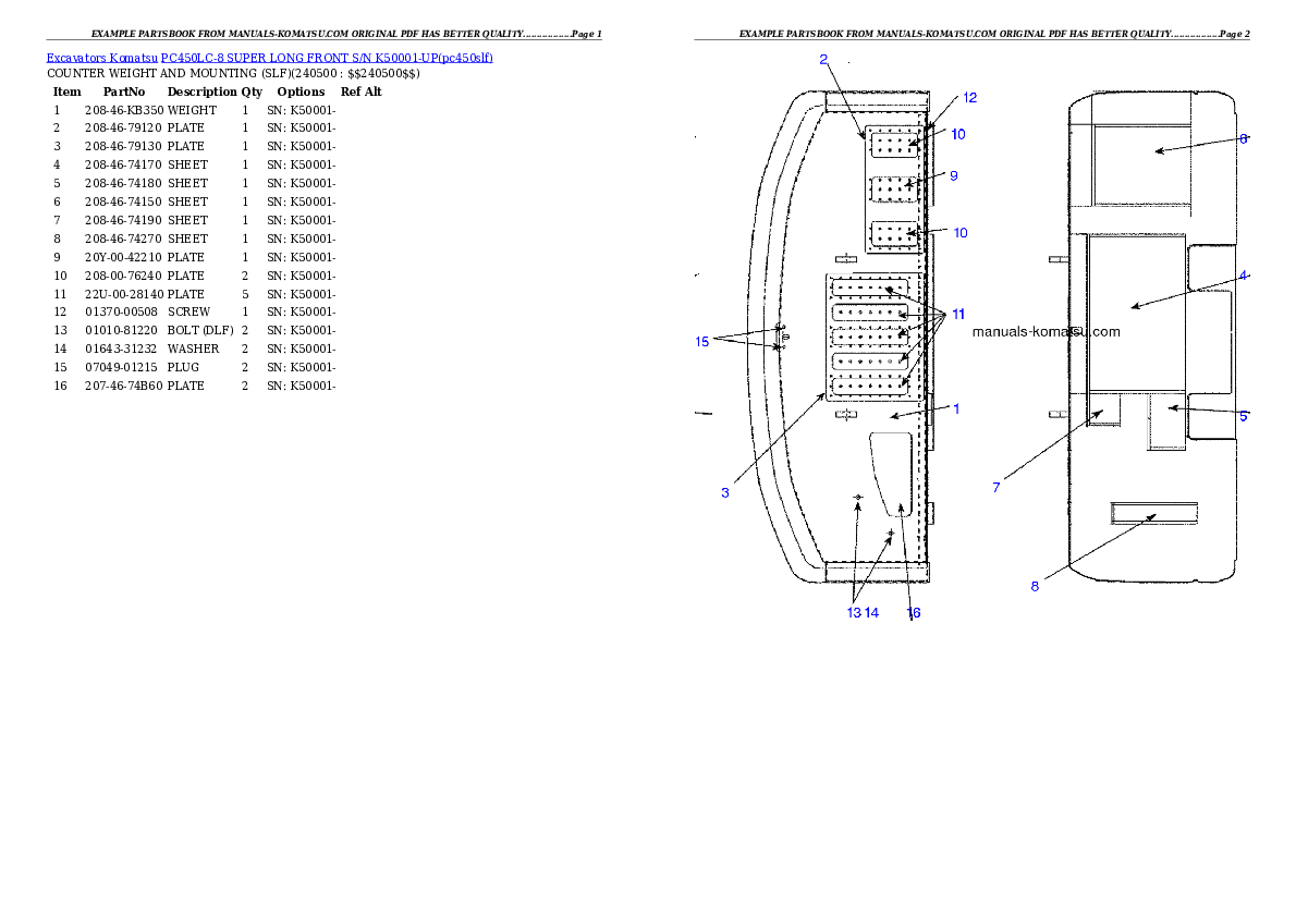 PC450LC-8 SUPER LONG FRONT S/N K50001-UP Partsbook