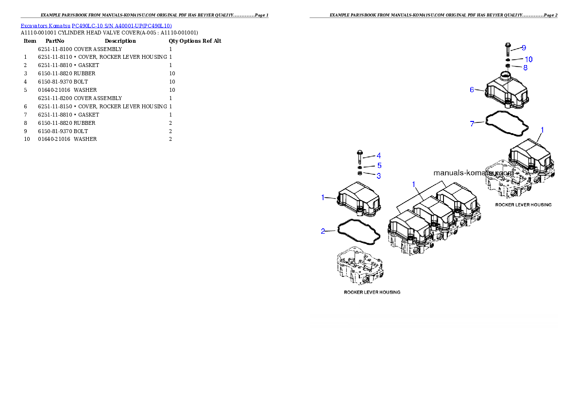 PC490LC-10 S/N A40001-UP Partsbook