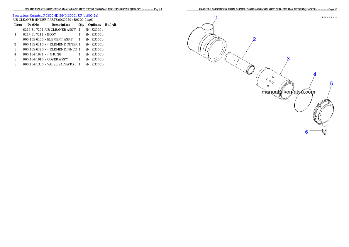 PC600-6K S/N K30001-UP Partsbook