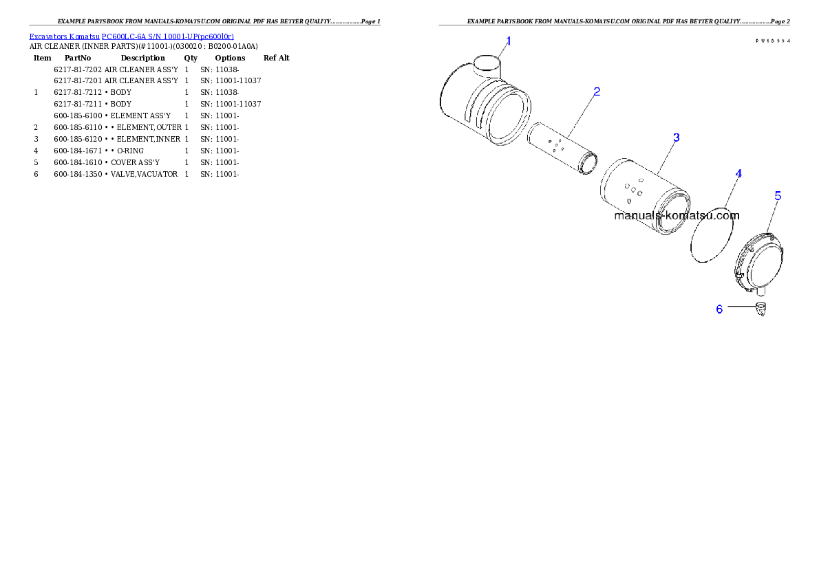 PC600LC-6A S/N 10001-UP Partsbook