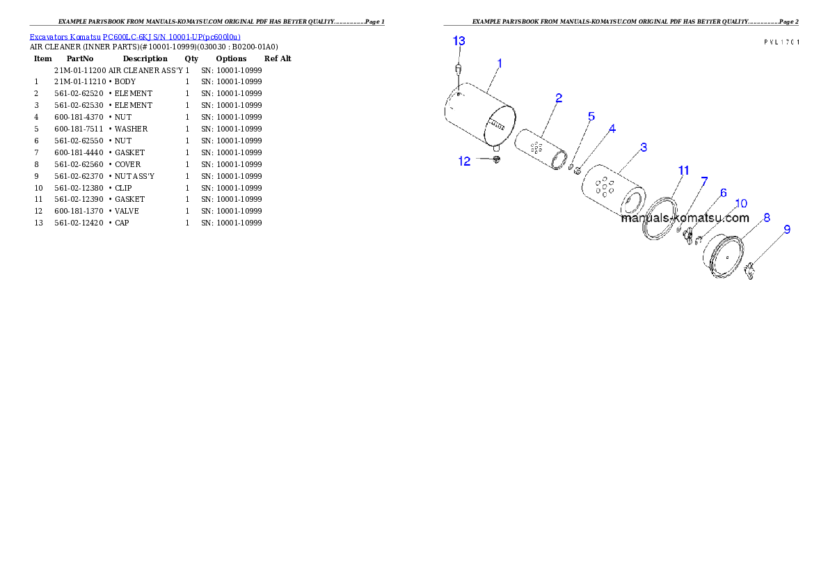 PC600LC-6KJ S/N 10001-UP Partsbook