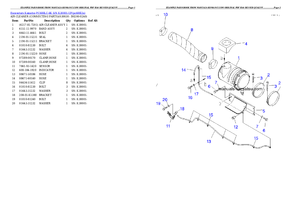PC600LC-6K S/N K30001-UP Partsbook