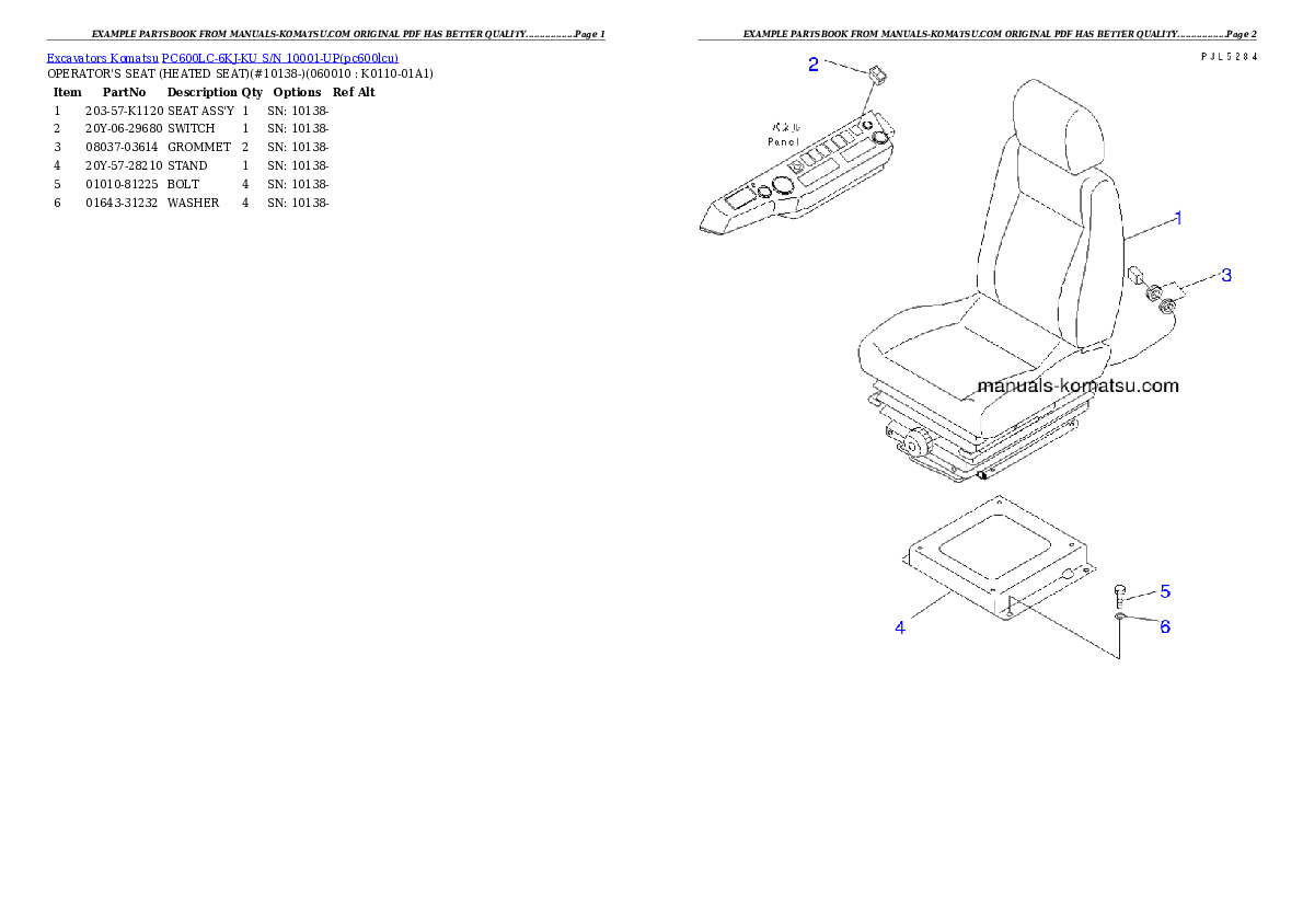 PC600LC-6KJ-KU S/N 10001-UP Partsbook