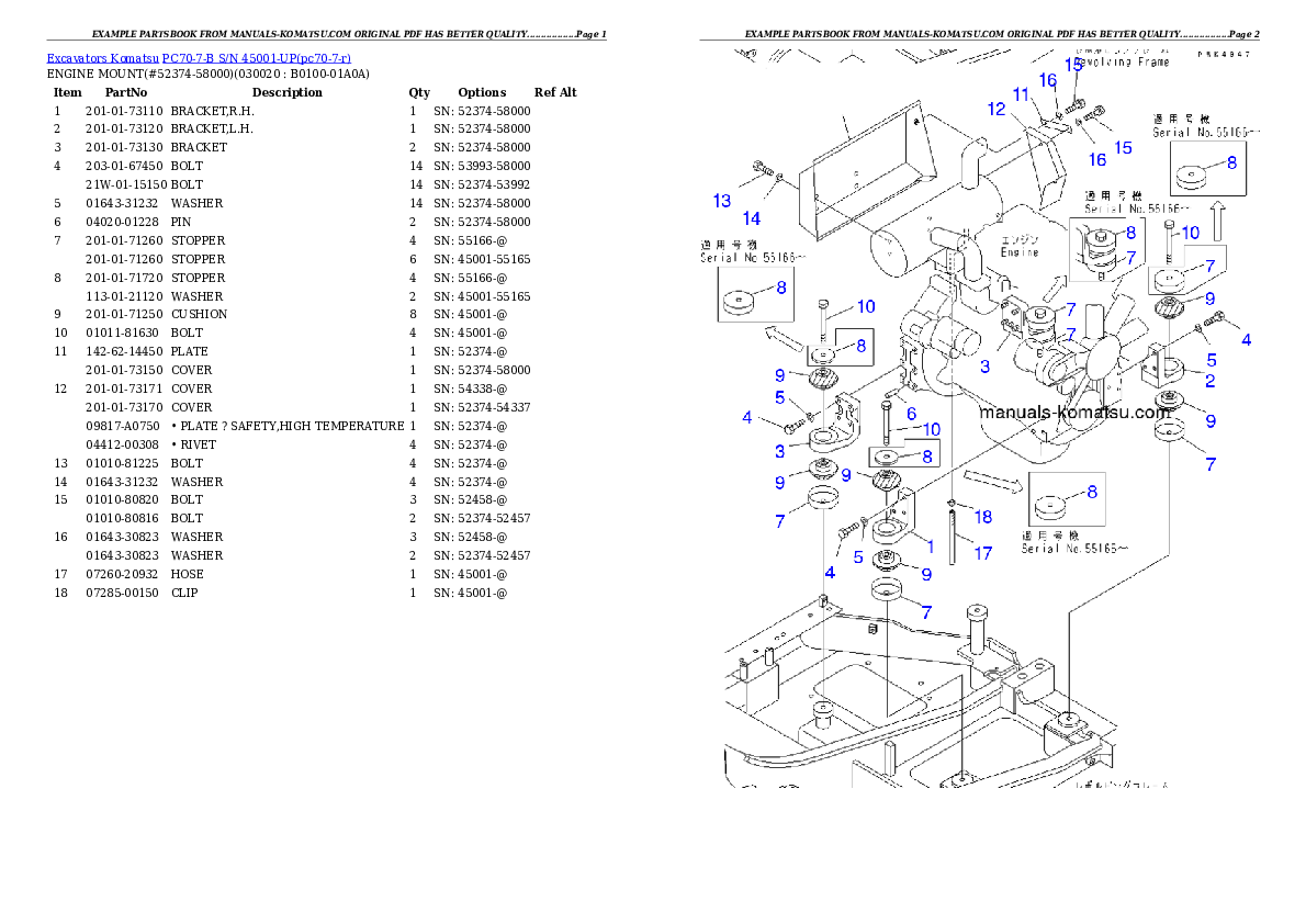 PC70-7-B S/N 45001-UP Partsbook
